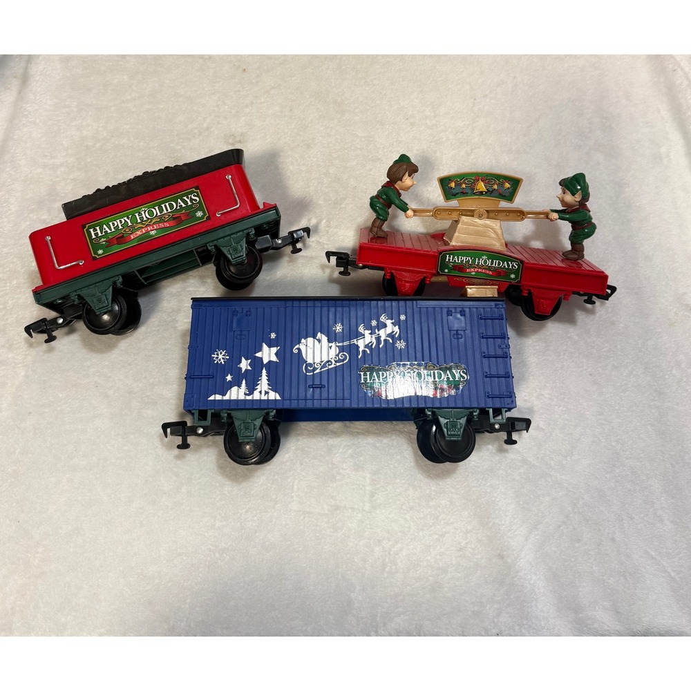 Happy Holidays Express Plastic Decoration Train Cars 3pc Set Elves Coal Boxcar